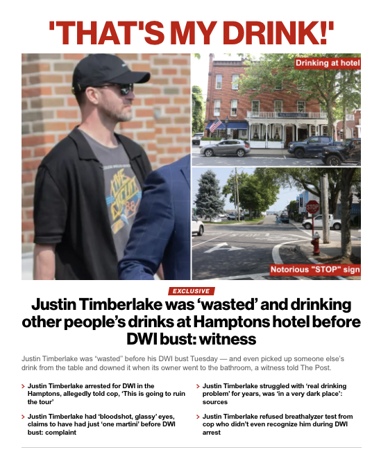 Justin Timberlake Seen Wasted and Drinking Others’ Drinks Witness