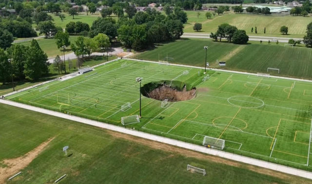 Sinkhole Swallows Soccer Field in Illinois in Shocking Video Caught on Camera