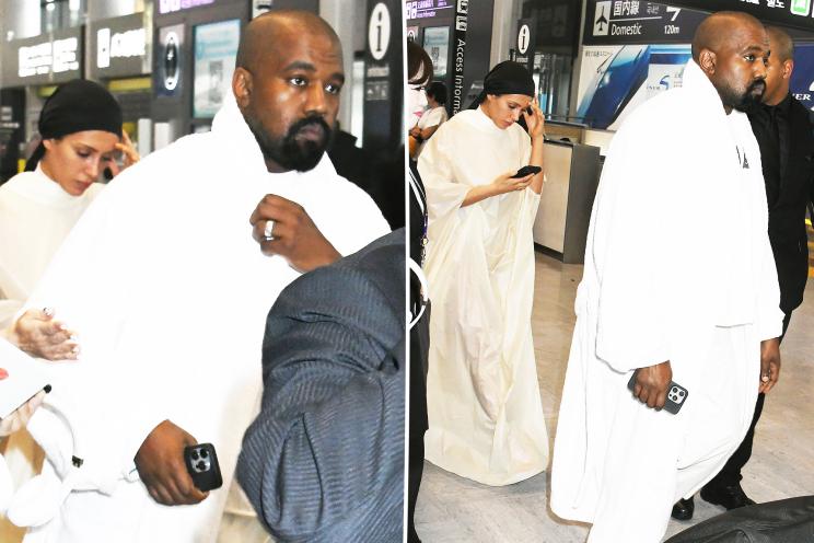 Bianca Censori in Flowy Dress at Airport with Kanye West