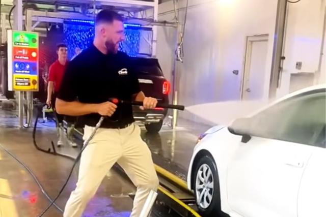 Travis Kelce Shows His Powerwashing Skills at Car Wash Summer Job